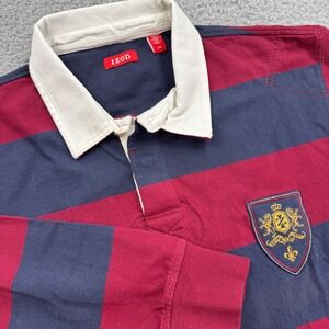 IZOD Mens Rugby Shirt Long Sleeve Burgundy Navy Stripe‎ Crest Logo Size L